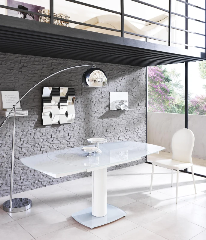 E-STYLO Tavolo allungabile con top bianco in vetro temperato  e base in metallo bianco, 90cm X 120/180cm H.76cm