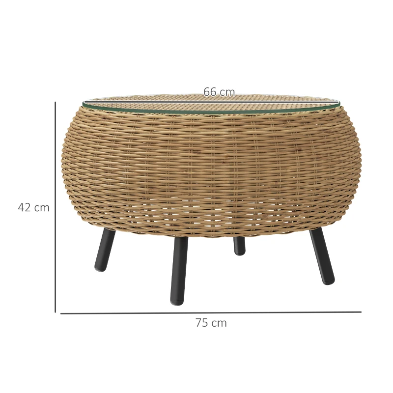 Outsunny Beistelltisch aus Polyrattan runder Kaffeetisch Couchtisch mit Glas Tischplatte Ø75 x 42 cm Braun
