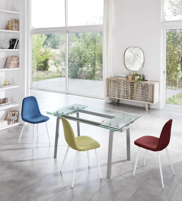 E-STYLO Tavolo allungabile con top grigio in vetro temperato e gambe in metallo grigio, 80cm X 140/200cm H.76cm