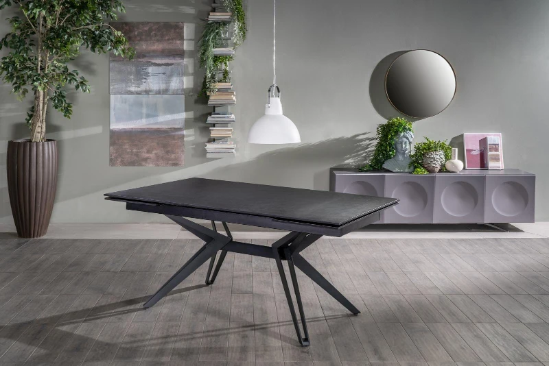 E-STYLO Tavolo allungabile con top grigio vintage in ceramica e gambe in metallo nero opaco 90cm X 160/240cm H.76cm