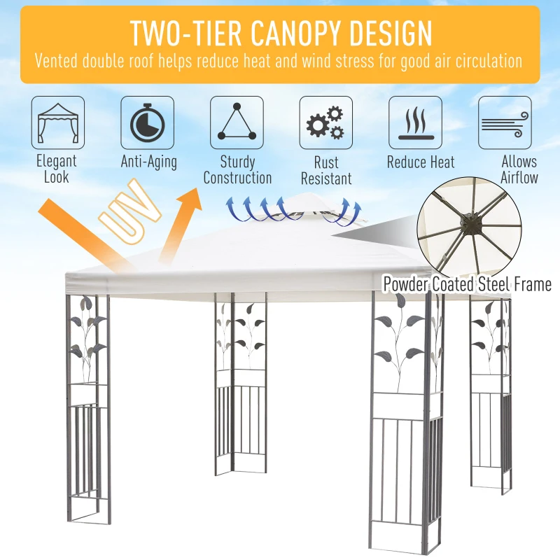 Outsunny 3 x 3m Outdoor Steel Gazebo with 2 Tier Roof, Garden Gazebo Patio Canopy Marquee Shelter with Decorative Steel Frame - Cream
