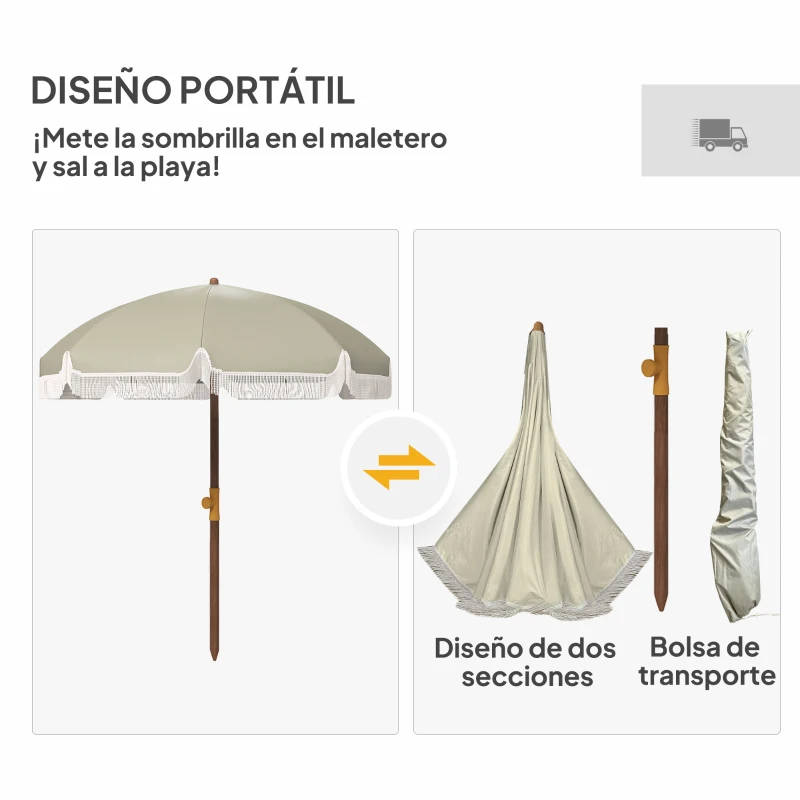 Outsunny Sombrilla de Playa con Flecos Ø190x210 cm con Protección UV40+ Antiviento Impermeable y Bolsa de Transporte Verde