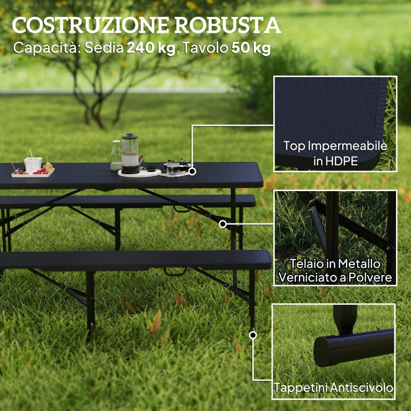 Outsunny Set da Pic Nic Pieghevole a 3 Pezzi con Tavolo e 2 Panche in HDPE e Metallo, Nero