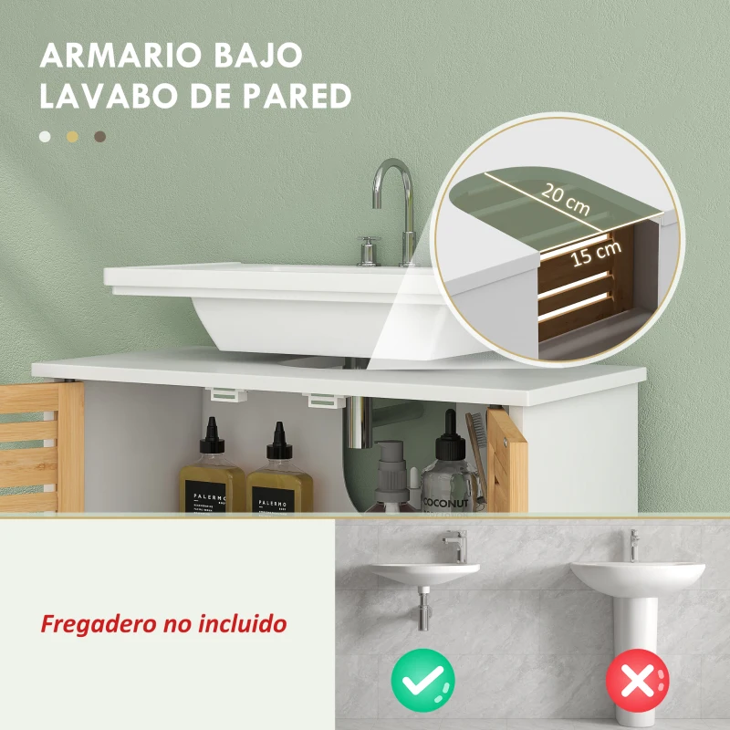 HOMCOM Conjunto de Mueble Bajo Lavabo y Columna Auxiliar con Estantes Ajustables y Puertas de Bambú Blanco y Natural