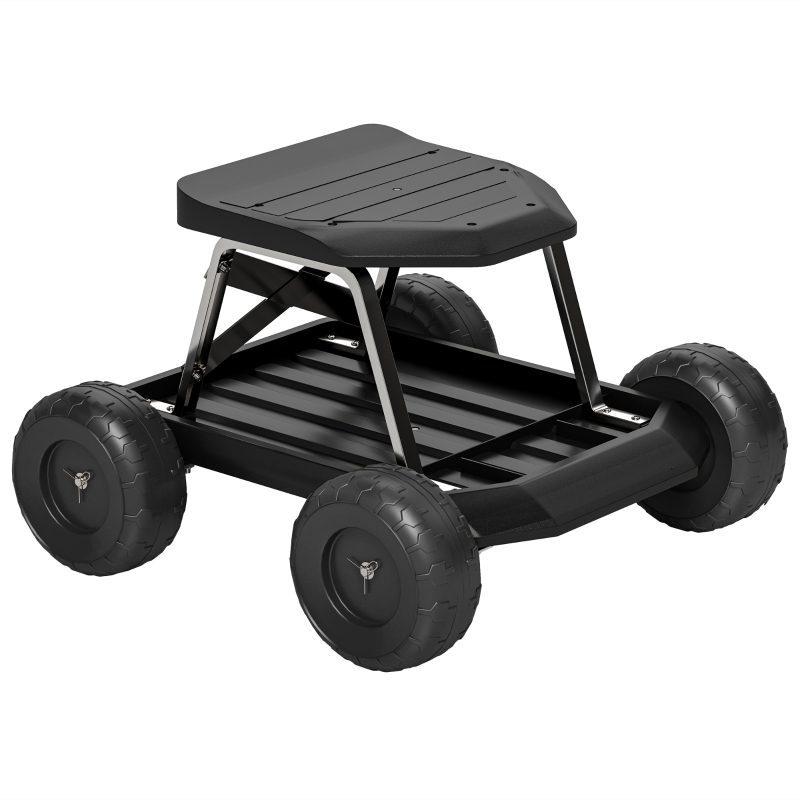 Outsunny Asiento de Jardín con Ruedas Taburete de Jardinería con Bandeja de Herramientas Carga 130 kg 50x49x32 cm Negro