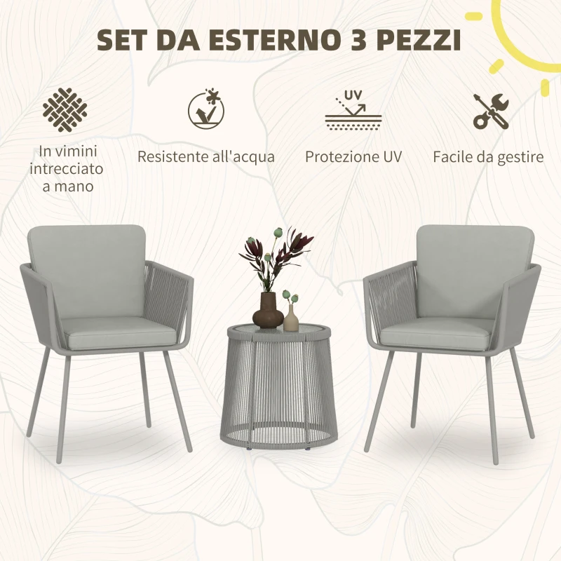 Outsunny Set da Esterno con Tavolino in Vetro e 2 Sedie da Giardino in Rattan Stile Boho, Grigio Chiaro