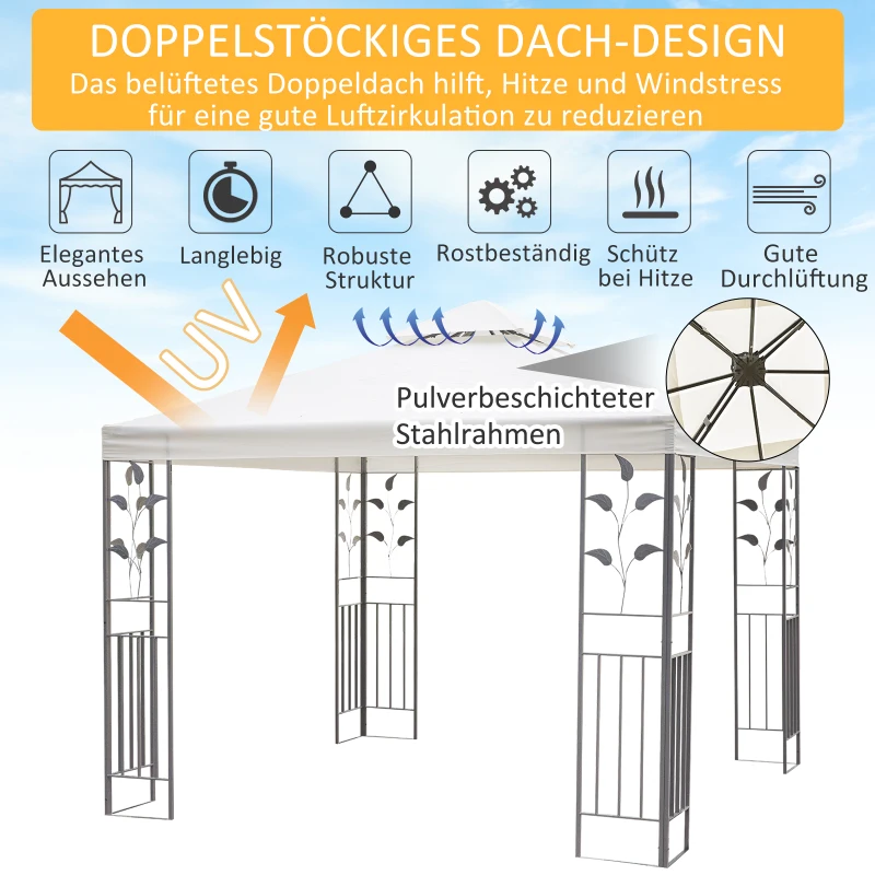Outsunny Gartenpavillon mit Blatt-Design Pavillon 2,95 x 2,95 m stahlrahmen Doppeldach atmungsaktiv Partyzelt Festzelt Polyester Cremeweiß