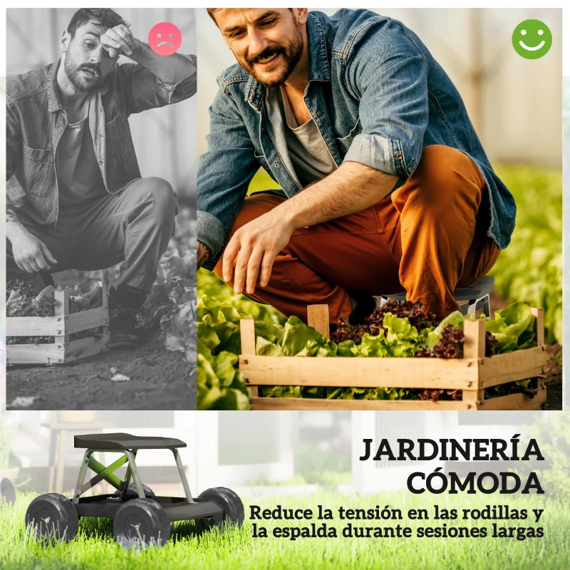 Outsunny Asiento de Jardín con Ruedas Taburete de Jardinería con Bandeja de Herramientas Carga 130 kg 50x49x32 cm Negro