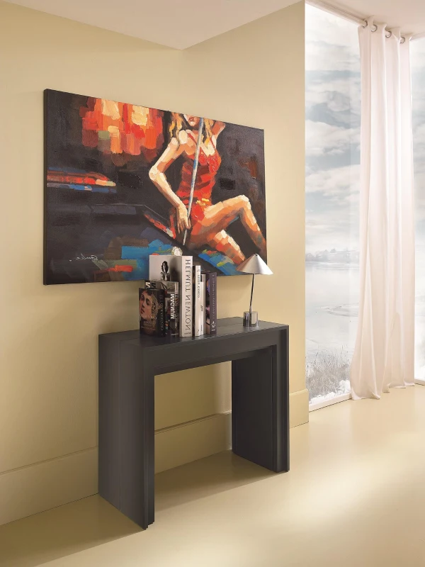 E-STYLO Consolle allungabile con top nero in MDF laccato antigraffio e gambe nero in MDF laccato antigraffio, 90cm X 42,5/302,5cm H.76cm
