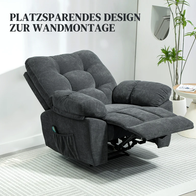 HOMCOM Fotel Recliner, Masażer Polstersessel z 8 Punkty Wibracji, Regulowanym Podnóżkiem, Boczną Kieszonką, Szary