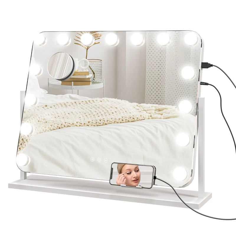 HOMCOM Lustro Kosmetyczne LED, 3 Tryby Światła, Regulacja Jasności, Dotyk, USB, 62,5 x 49,5 cm, Białe