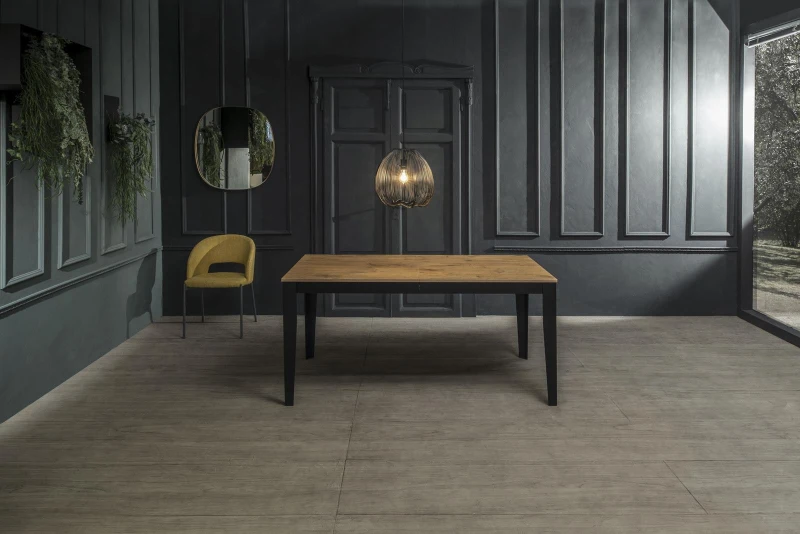 E-STYLO Tavolo allungabile con top rovere in melaminico e base in metallo nero, 80cm X 130/290cm H.76cm