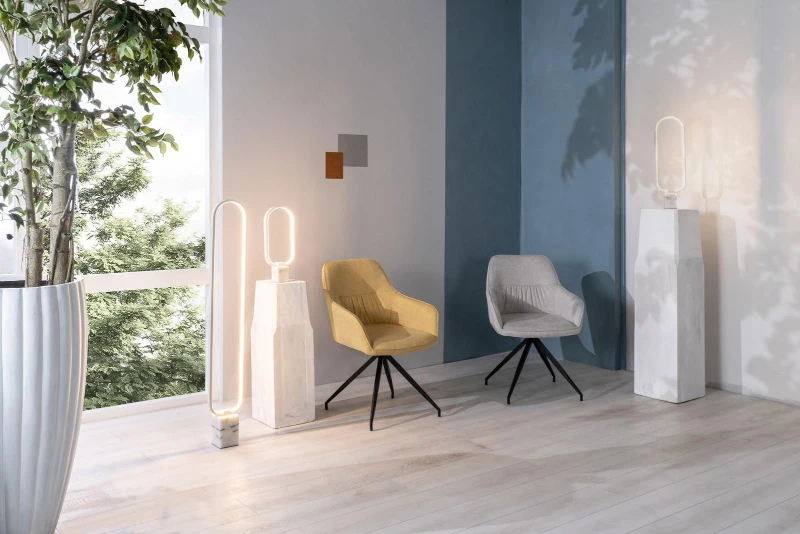 E-STYLO Set di 2 sedie da pranzo in tessuto grigio chiaro, gambe e struttura in metallo nero, imbottita, 56cm X 56cm H.87cm