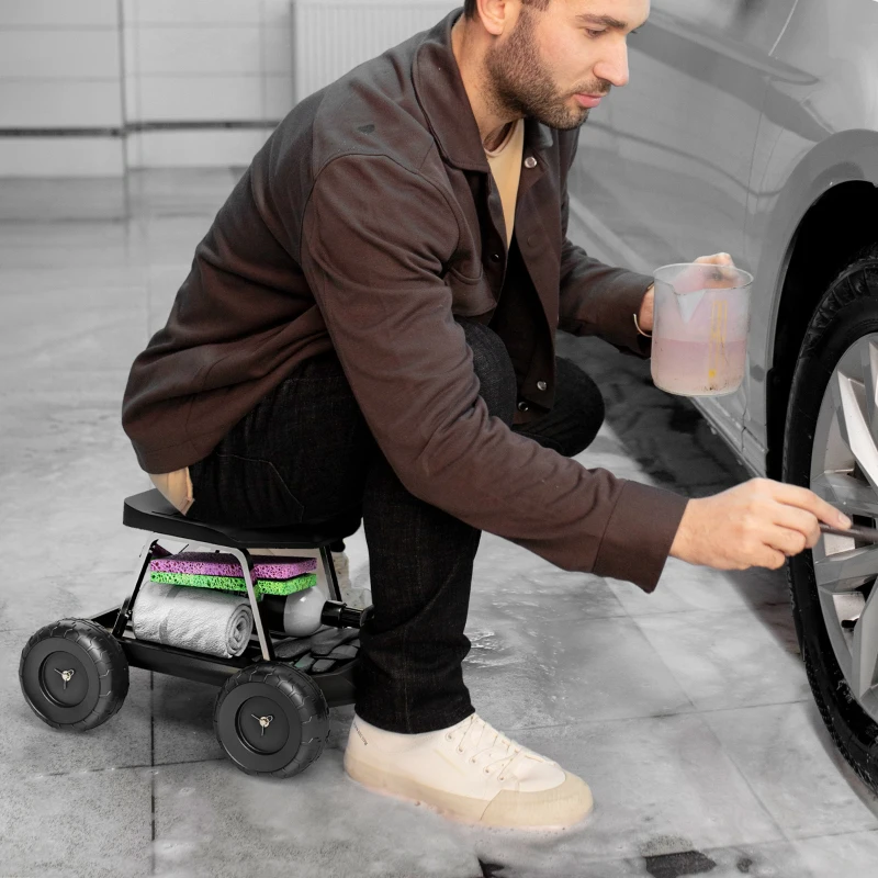 Outsunny Asiento de Jardín con Ruedas Taburete de Jardinería con Bandeja de Herramientas Carga 130 kg 50x49x32 cm Negro