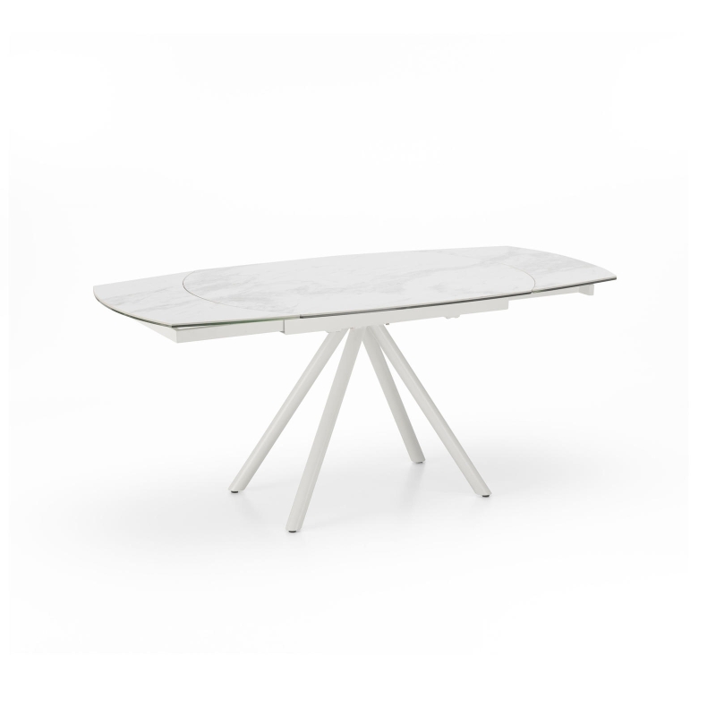 E-STYLO Tavolo allungabile con top marmo bianco in ceramica su vetro temperato gambe in metallo bianco, 90cm X 120/180cm H.76cm