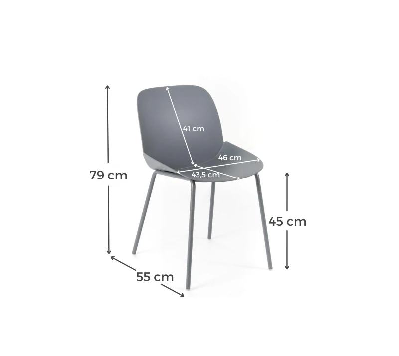 E-STYLO Set di quattro sedie da pranzo in polipropilene grigio scuro e gambe in metallo grigio scuro, 55cm X 46cm H.79cm