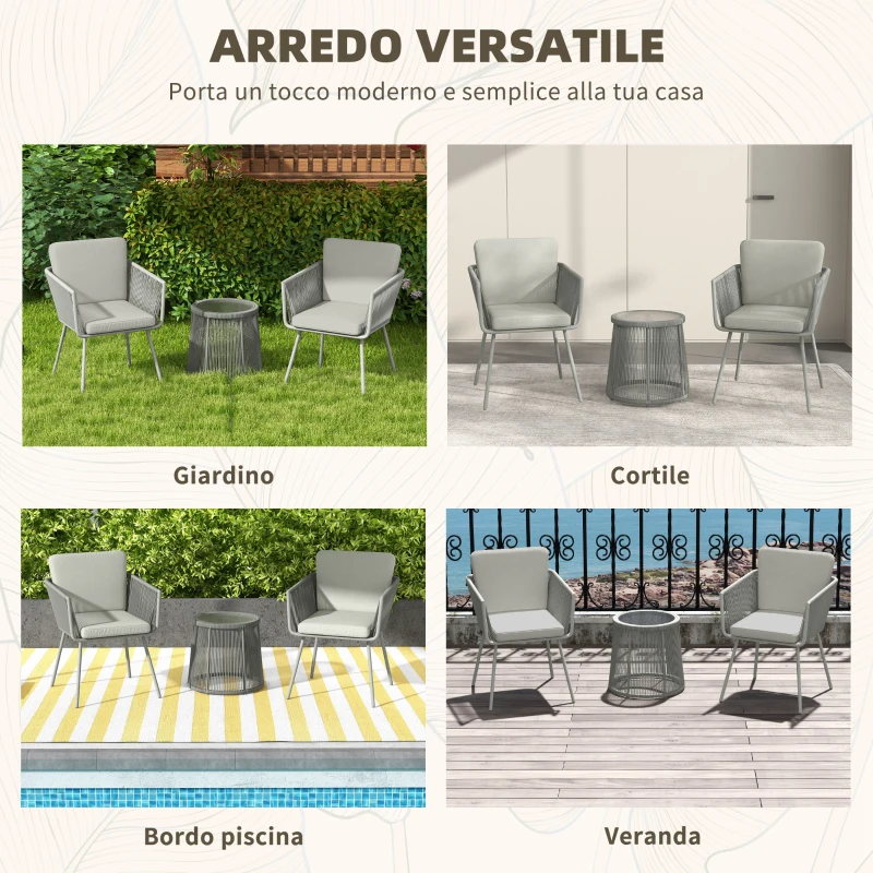 Outsunny Set da Esterno con Tavolino in Vetro e 2 Sedie da Giardino in Rattan Stile Boho, Grigio Chiaro