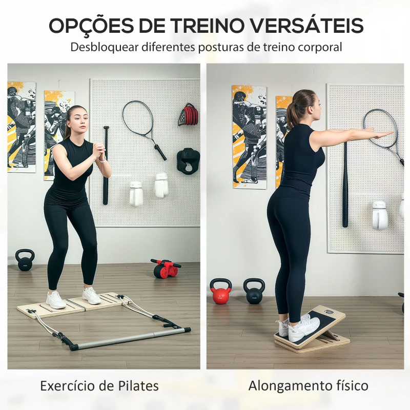 SPORTNOW Barra de Pilates com 6 Faixas Elásticas Tábua Inclinada Ajustável para Treino de Corpo Inteiro em Casa 90x33x3 cm Cinza