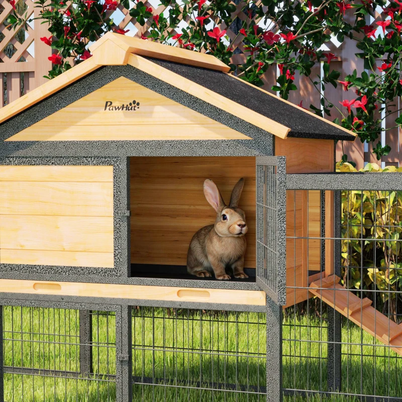 PawHut Hasenstall 2 Ebenen Kaninchenstall aus Vollholz Winterfest Doppelstockhaus mit Freilaufgehege 217x53x86 cm Gelb(m-9)
