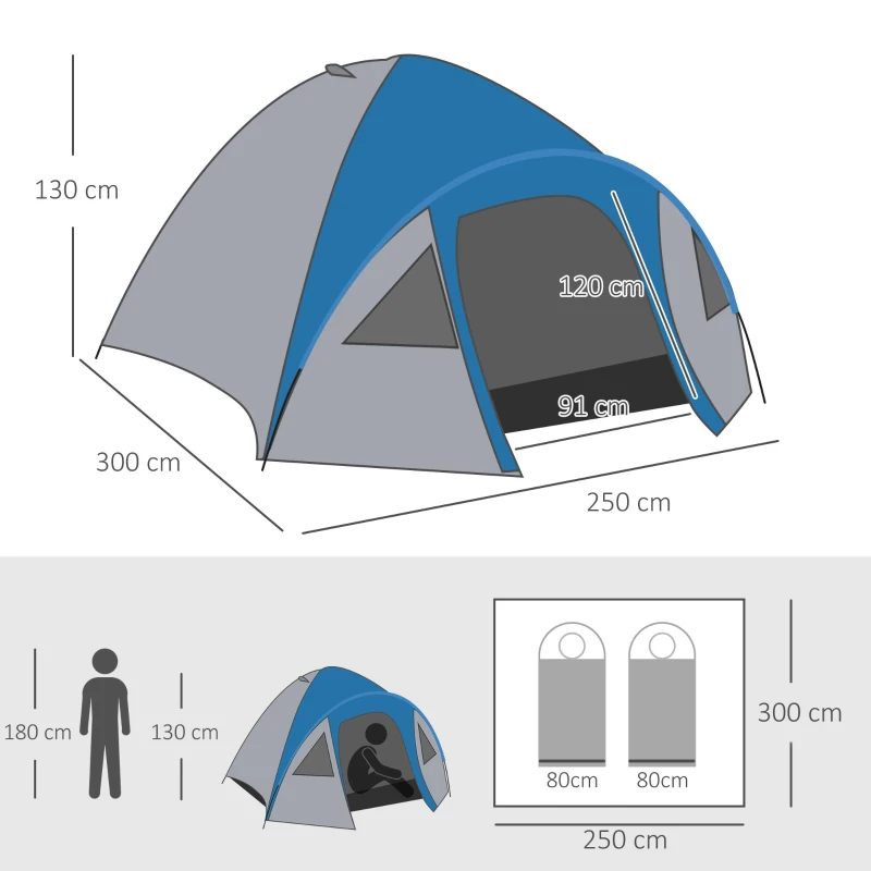 Outsunny Tente de camping familiale 4-5 personnes tente dôme étanche légère, ventilée facile à monter double porte et fenêtres dim. 3L x 2,50l x 1,30H m fibre verre polyester bleu marine