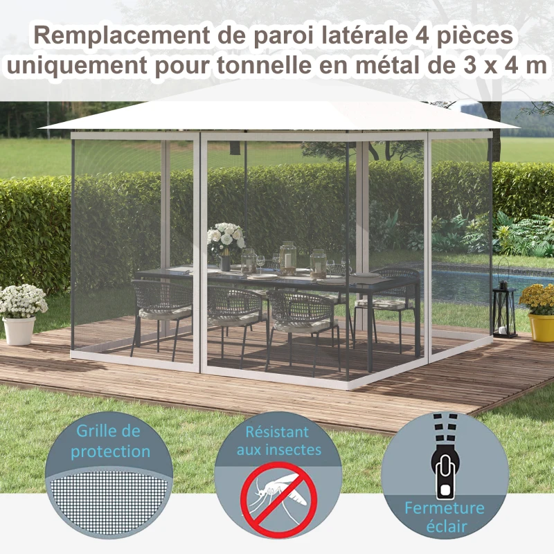 Outsunny Moustiquaires pour tonnelle barnum pavillon de jardin 3 x 4 m - lot de 4 moustiquaires zippées + crochets d'attaches
