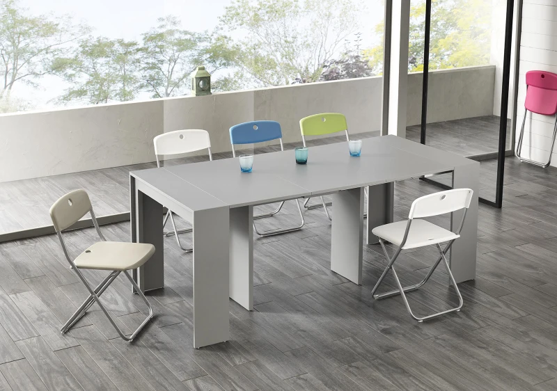 E-STYLO Consolle allungabile con top grigio in MDF laccato antigraffio e gambe grigio in MDF laccato antigraffio, 90cm X 42,5/302,5cm H.76cm