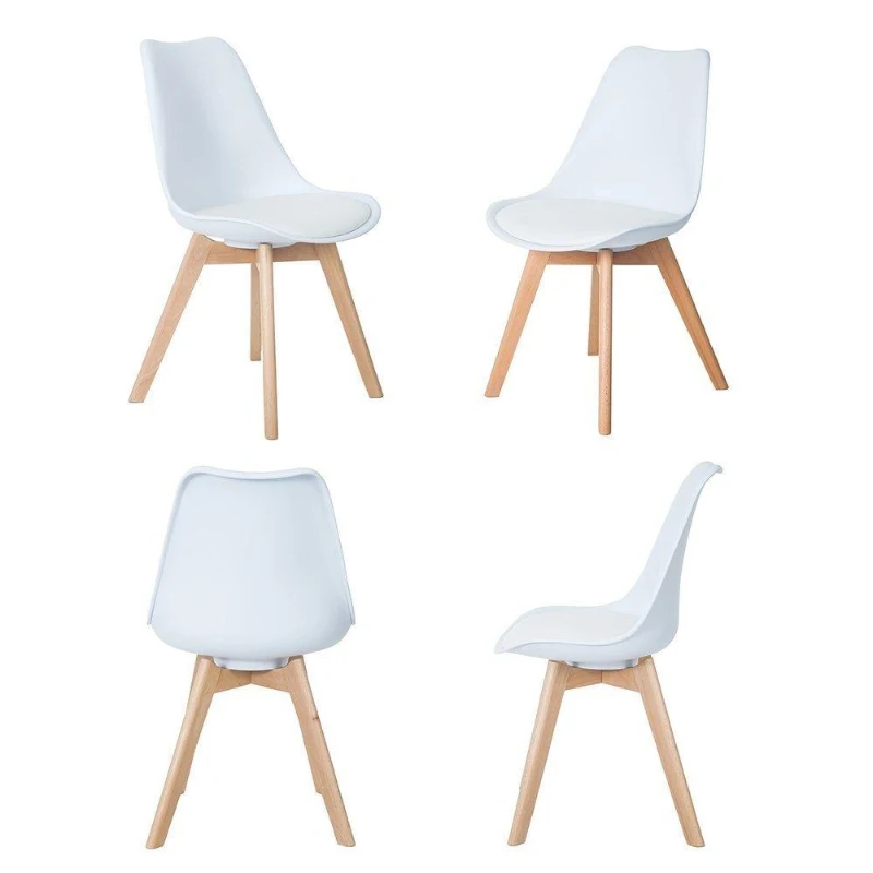 E-STYLO Set di 4 sedie in polipropilene bianca con seduta imbottita e rivestita in similpelle, gambe in legno di faggio, 48.5cm X 52cm H.82cm