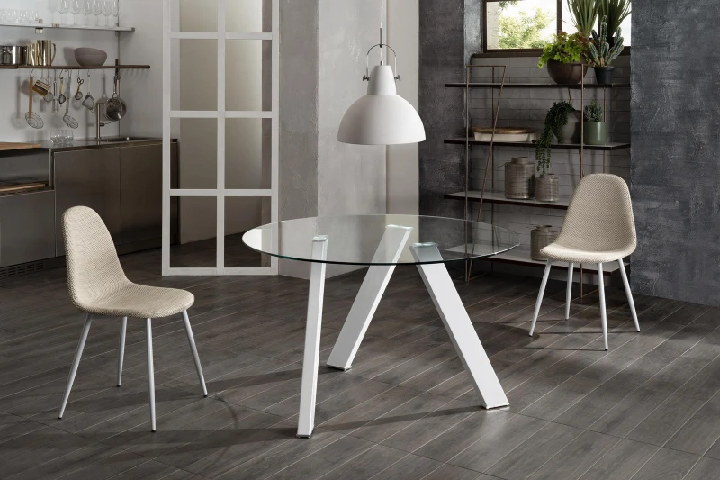 E-STYLO Tavolo fisso con top in vetro temperato e gambe in metallo bianco, 120cm X 120cm H.75cm