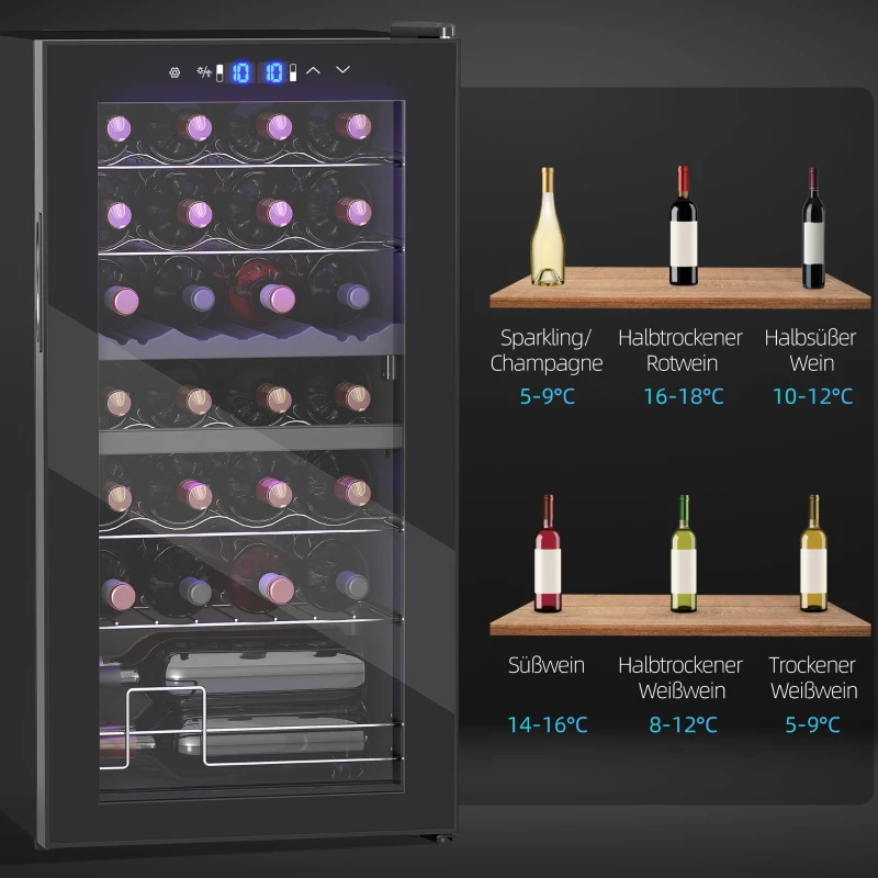 HOMCOM Kleiner Weinkühlschrank, Mini-Kühlschrank für 28 Flaschen, 74 Liter Kapazität, Glastür, LED-Beleuchtung, Touch-Screen(m-9)