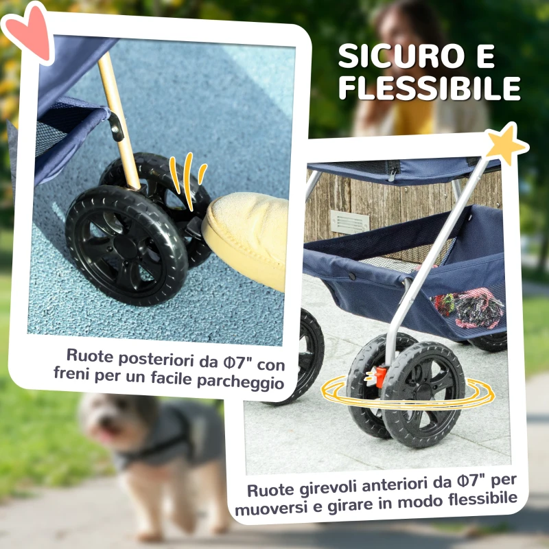 PawHut Passeggino per Cani 3 in 1 Pieghevole con Borsa Trasportino e Cestino Inferiore, Blu