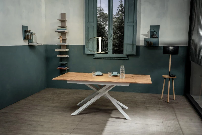 E-STYLO Tavolo allungabile con top rovere in melaminico e base in metallo bianco, 90cm X 140/190cm H.76cm