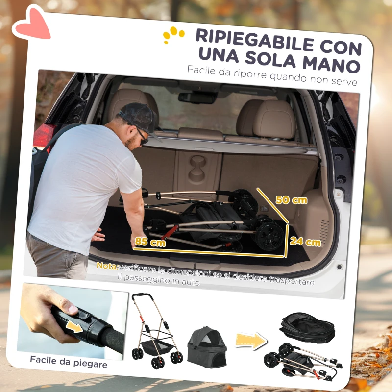 PawHut Passeggino per Cani 3 in 1 Pieghevole con Borsa Trasportino e Cestino Inferiore, Grigio
