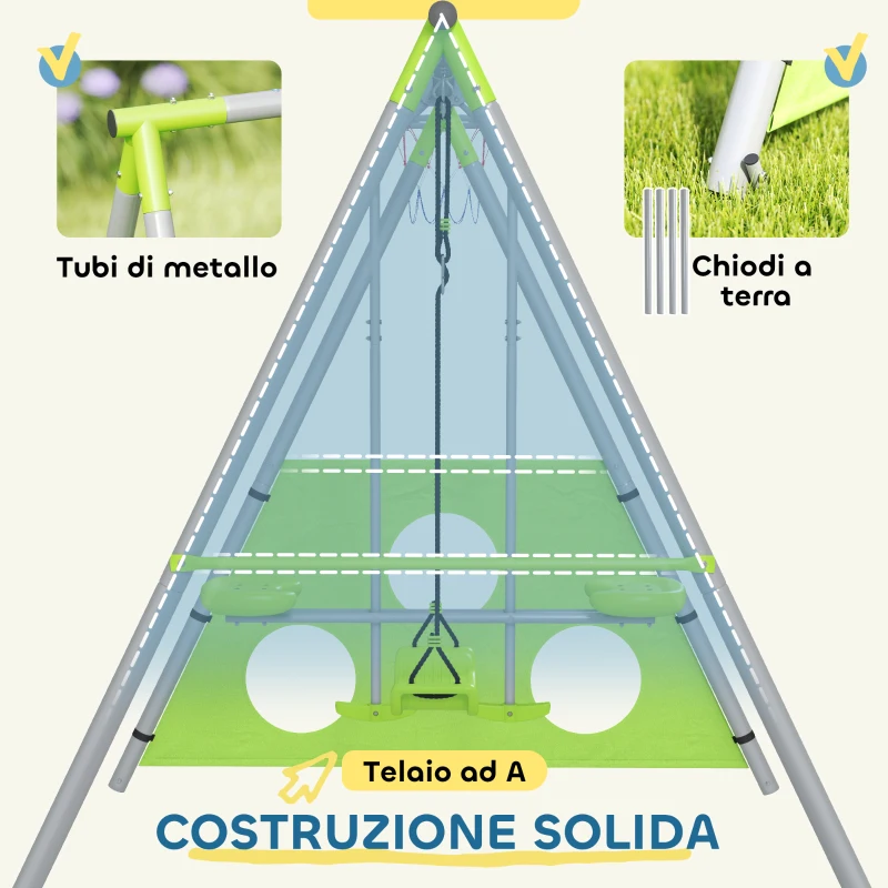 AIYAPLAY Gioco per Bambini 4 in 1 con 2 Altalene da Giardino, Canestro e Porta da Calcio, 215x180x182 cm, Verde e Grigio