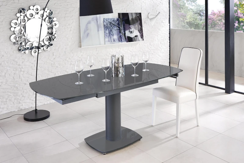 E-STYLO Tavolo allungabile con top grigio in vetro temperato e base in metallo grigio, 90cm X 120/180cm H.76cm