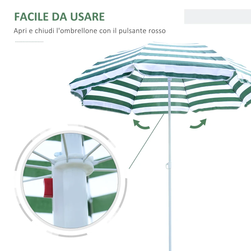 Outsunny Ombrellone da Spiaggia Inclinabile e Rotondo in Metallo e Poliestere, Ø1.8x2 m, Verde e Bianco