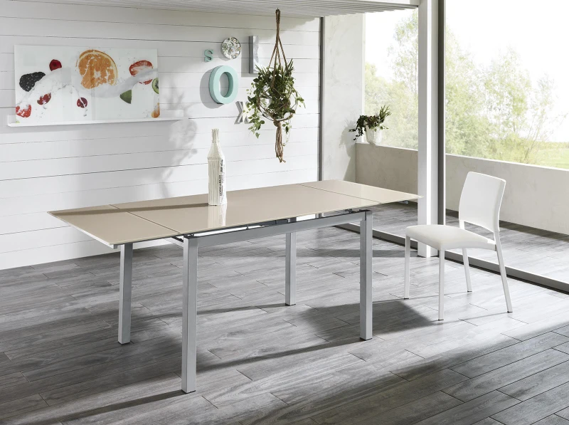 E-STYLO Tavolo allungabile con top in vetro temperato cappuccino e gambe in metallo cappuccino, 75cm X 110/170cm H.75cm