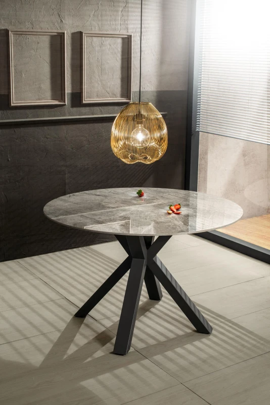 E-STYLO Tavolo fisso con top in solid ceramic effetto marmo temperato e gambe in metallo verniciato, 120cm X 120cm H.76cm