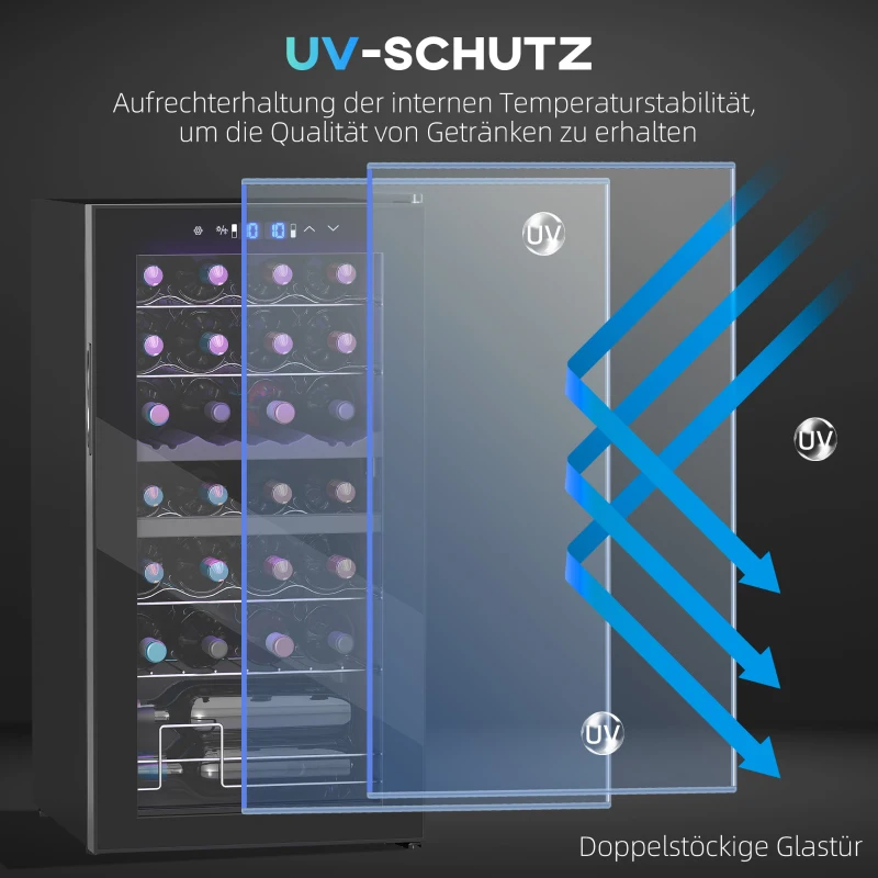 HOMCOM Kleiner Weinkühlschrank, Mini-Kühlschrank für 28 Flaschen, 74 Liter Kapazität, Glastür, LED-Beleuchtung, Touch-Screen(m-8)
