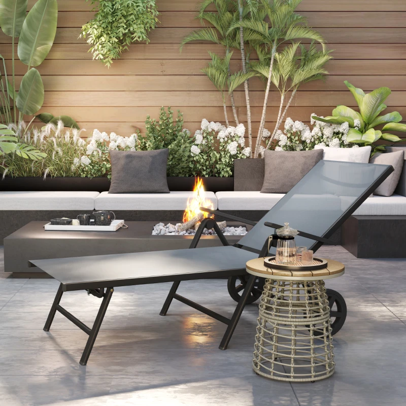 Outsunny Lettino Sdraio Pieghevole e Reclinabile in 5 Posizioni con Rotelle, in Metallo e Textilene, 72x158x84 cm, Grigio