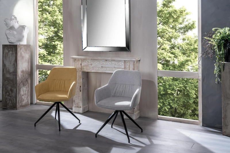 E-STYLO Sedia da pranzo in tessuto giallo con gambe e struttura in metallo nero, imbottita, 56cm X 56cm H. 87cm.