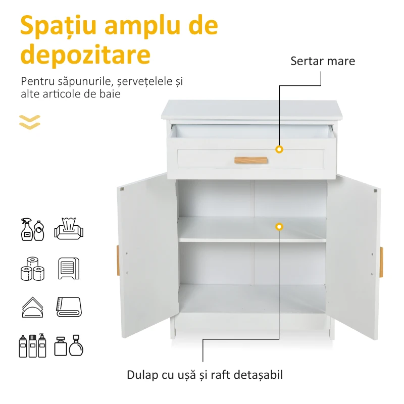 kleankin Dulăpior de Baie Multifuncțional cu Ușă Dublă Articulată și Sertar Organizator Îngust, 59x29x80 cm, Alb(m-4)