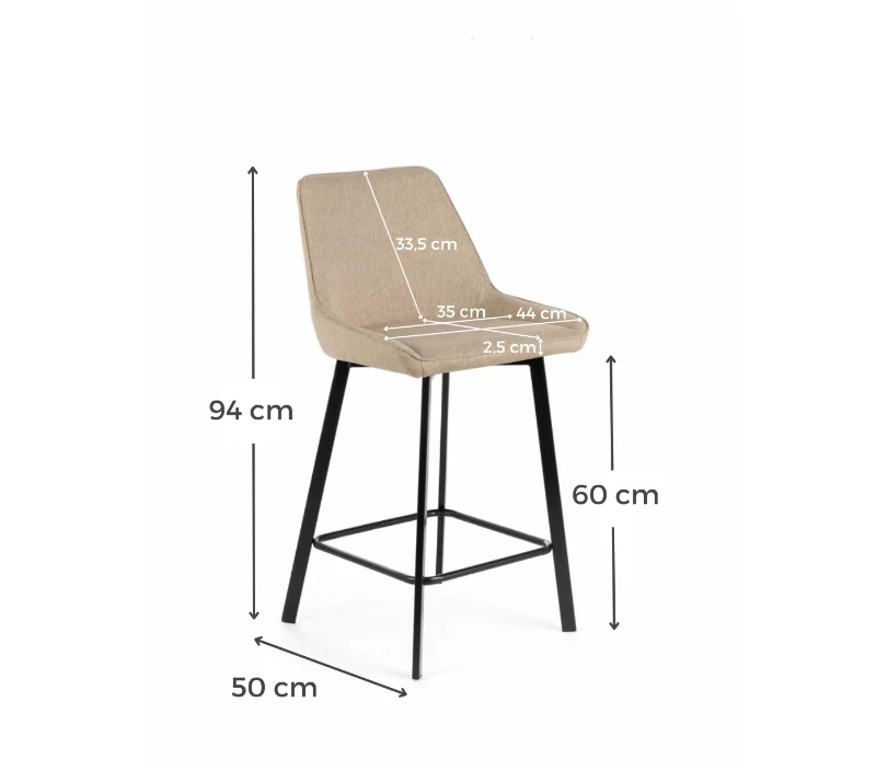 E-STYLO Sgabello da cucina in tessuto beige con gambe nere, imbottito con poggiapiedi, 50cm X 44cm H. 94cm.