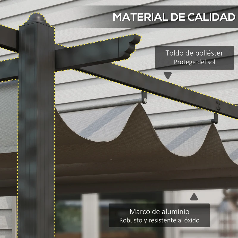 Outsunny Pérgola de Aluminio 4x3 m con Techo Retráctil Tela de Poliéster y 8 Orificios de Drenaje para Jardín Patio Gris