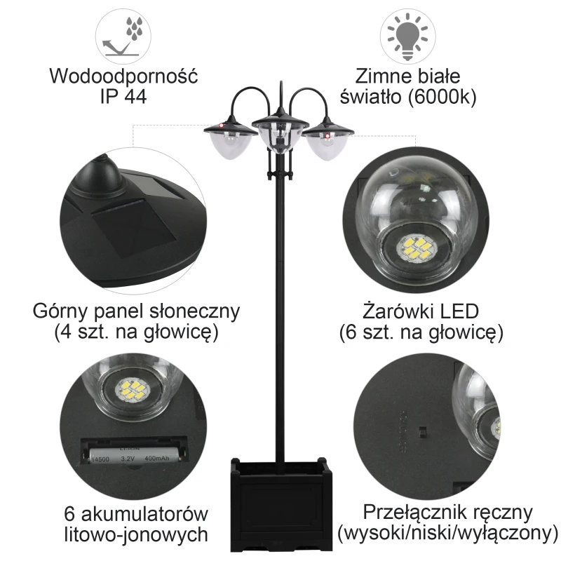 Outsunny Lampa solarna z podstawą doniczki Lampa ogrodowa 3-głowicowa Wodoodporna