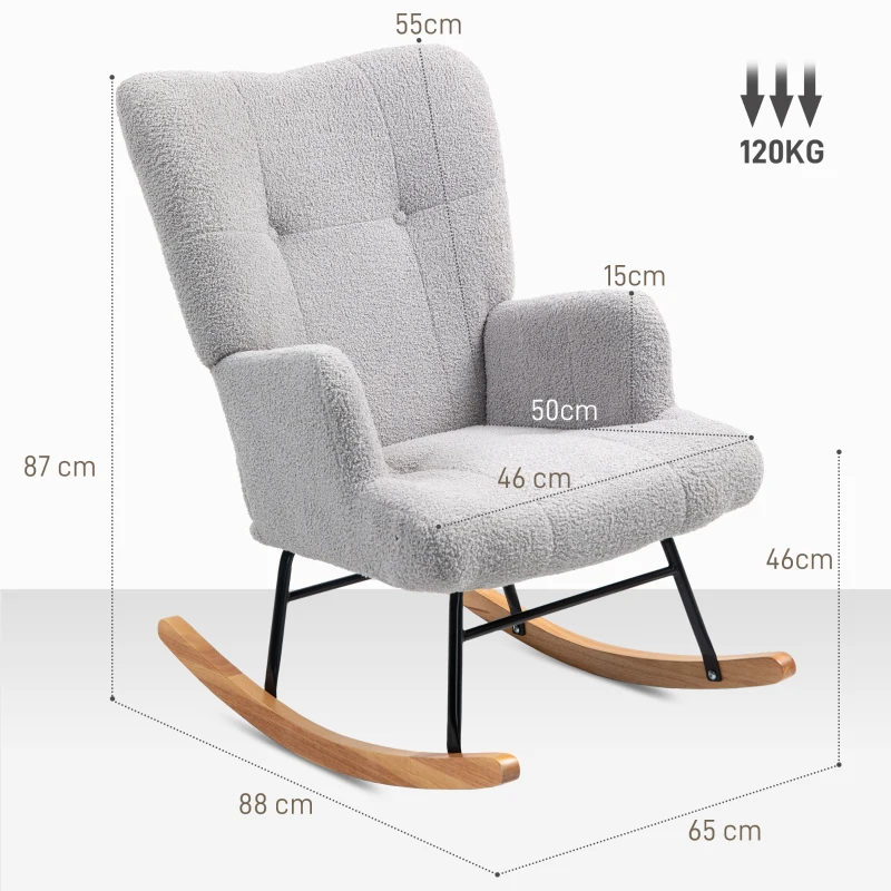 HOMCOM Silla Mecedora de Borreguito con Respaldo Capitoné y Base de Madera de Caucho para Salón o Dormitorio 65x88x87 cm Gris
