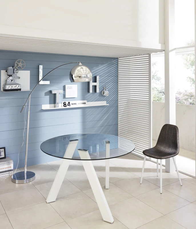 E-STYLO Tavolo fisso con top in vetro temperato e gambe in metallo bianco, 120cm X 120cm H.75cm