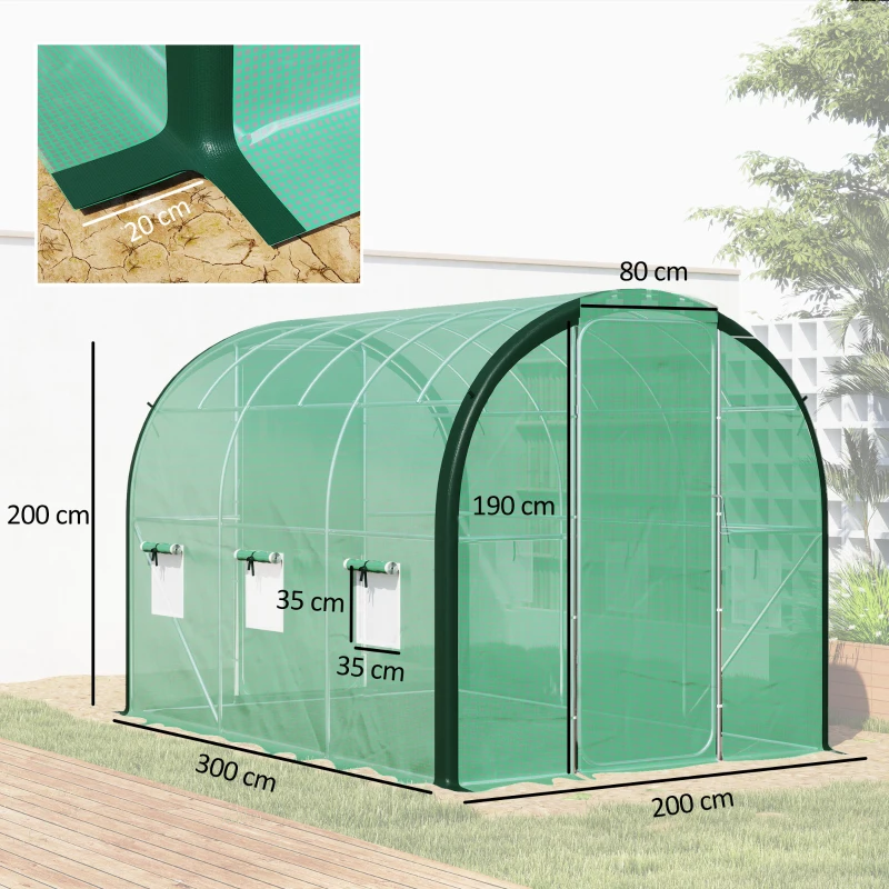 Outsunny 3 x 2 (m) Polytunnel Greenhouse, with Windows and Doors - Green