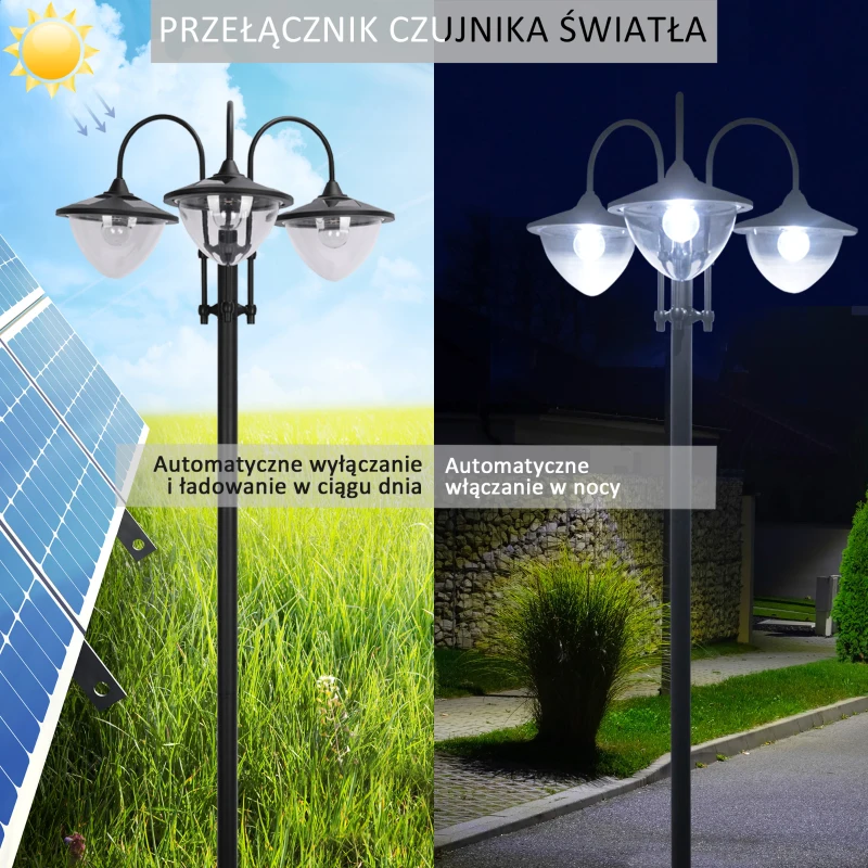 Outsunny Lampa solarna z podstawą doniczki Lampa ogrodowa 3-głowicowa Wodoodporna