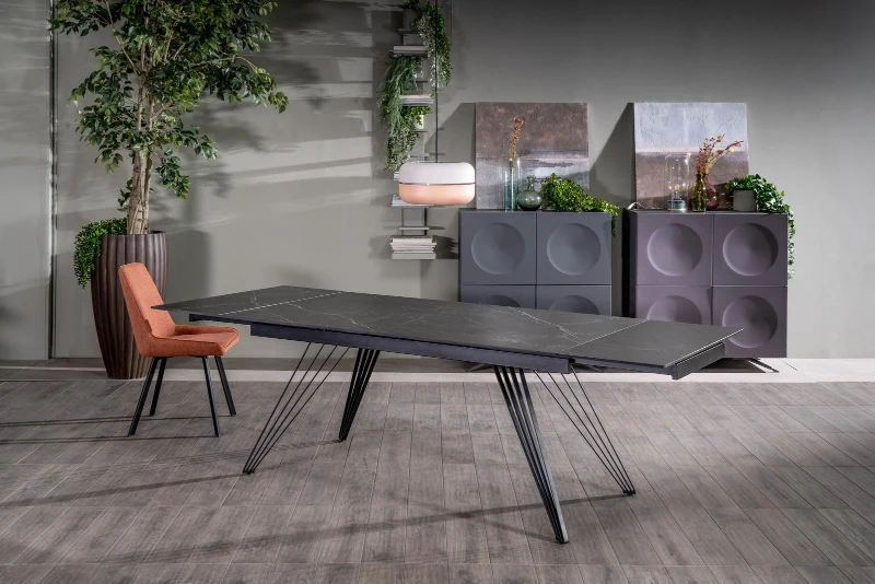 E-STYLO Tavolo allungabile con top marmo nero in ceramica e gambe in metallo nero opaco, 90cm X 160/240 cmcm H.76cm