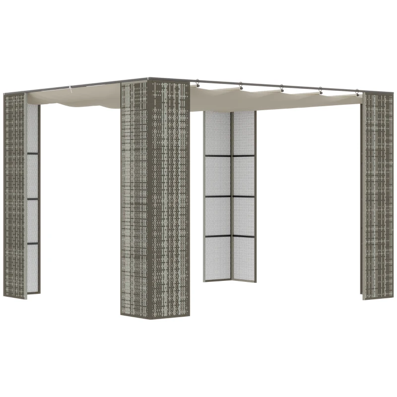 Outsunny Pergola rétractable 3L x 3l x 2H m toit coulissant toile polyester haute densité anti-UV structure métal époxy anticorrosion résine tressée PP gris et crème